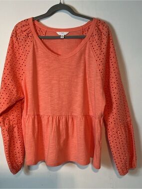 Time and Tru Coral Eyelet Sleeve Peplum Top